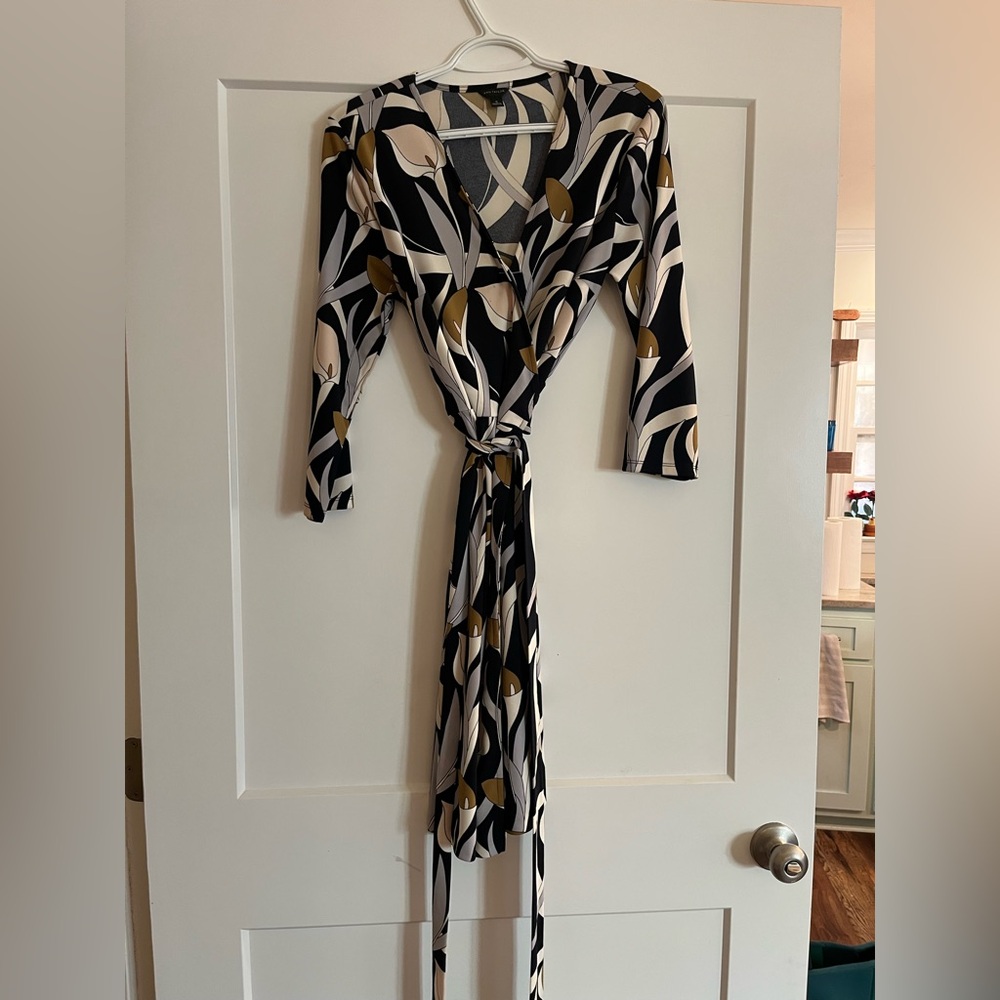 LOFT Black, Cream, and Gold Patterned Long Sleeve Wrap Dress